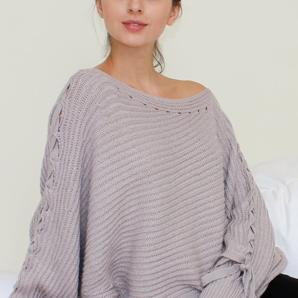 Lilac Oversized Lace Up Sleeve Sweater by Cotton Candy